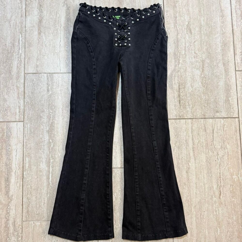 Frankie and the Studs Forever 21 Lace Up Studded Black Flare Jeans Y2K Gothic M